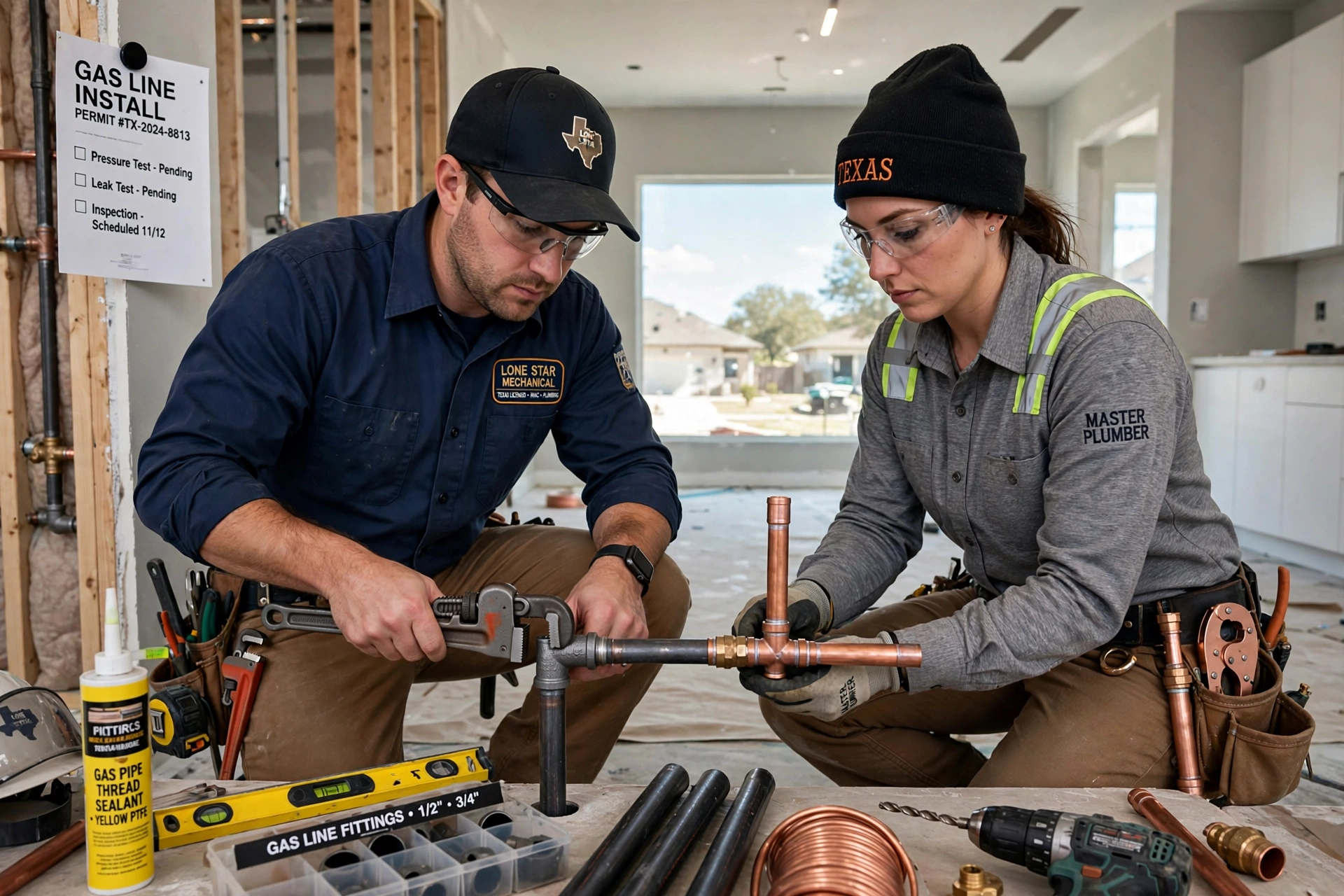 Gas Line Installation in Leander: gas technician routing a new run of yellow flexible corrugated stainless steel tubing for an appliance branch line