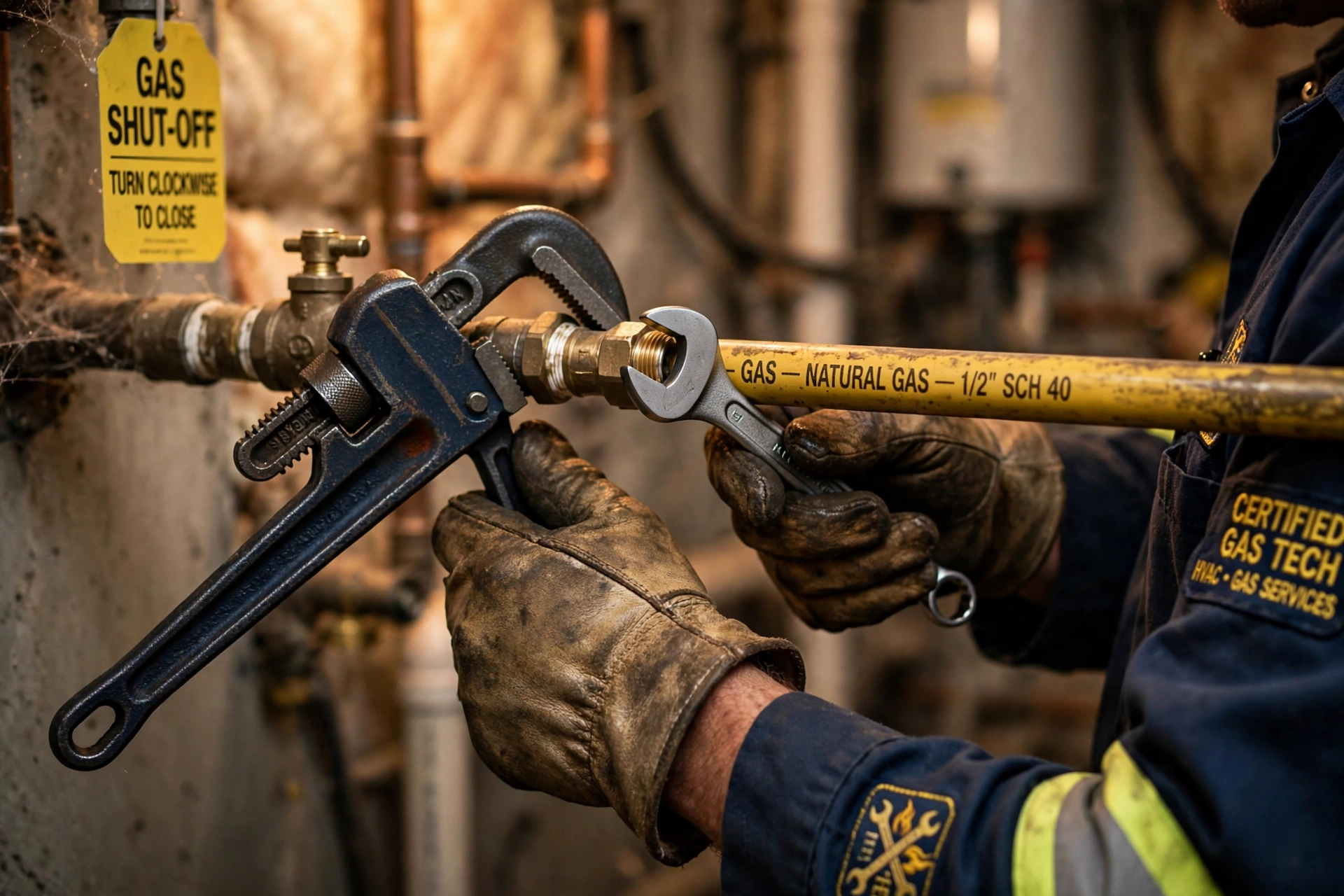 Gas Line Repair in Leander: gas technician wearing safety glasses, using a large pipe wrench to tighten a fitting on a gas line