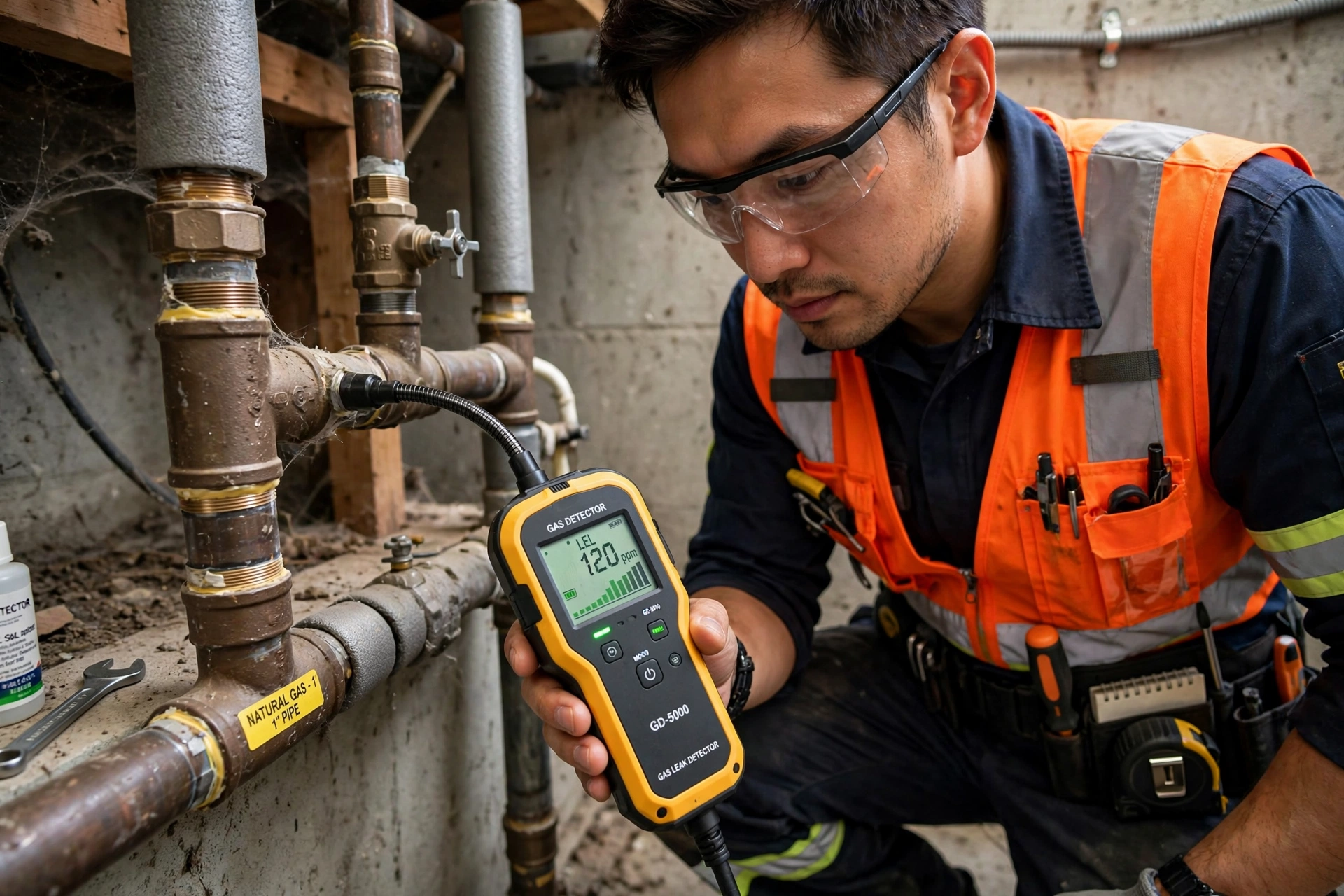 Gas Leak Detection in Leander: gas technician moving an electronic gas leak detector probe along a gas line joint to check for leaks
