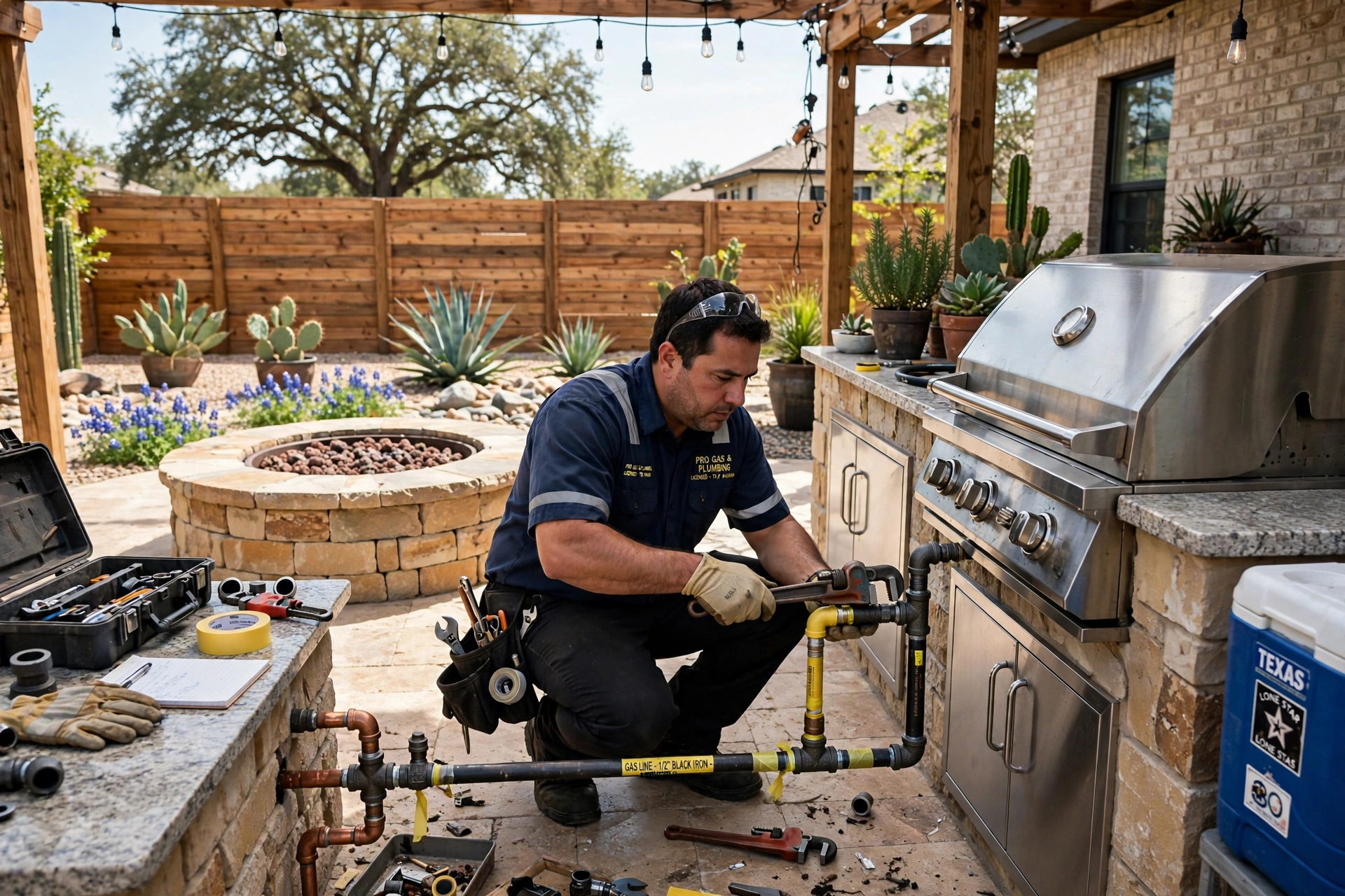 Outdoor Gas Line Installation in Leander: new buried gas line stubbed up for a built-in backyard grill and outdoor kitchen in Central Texas