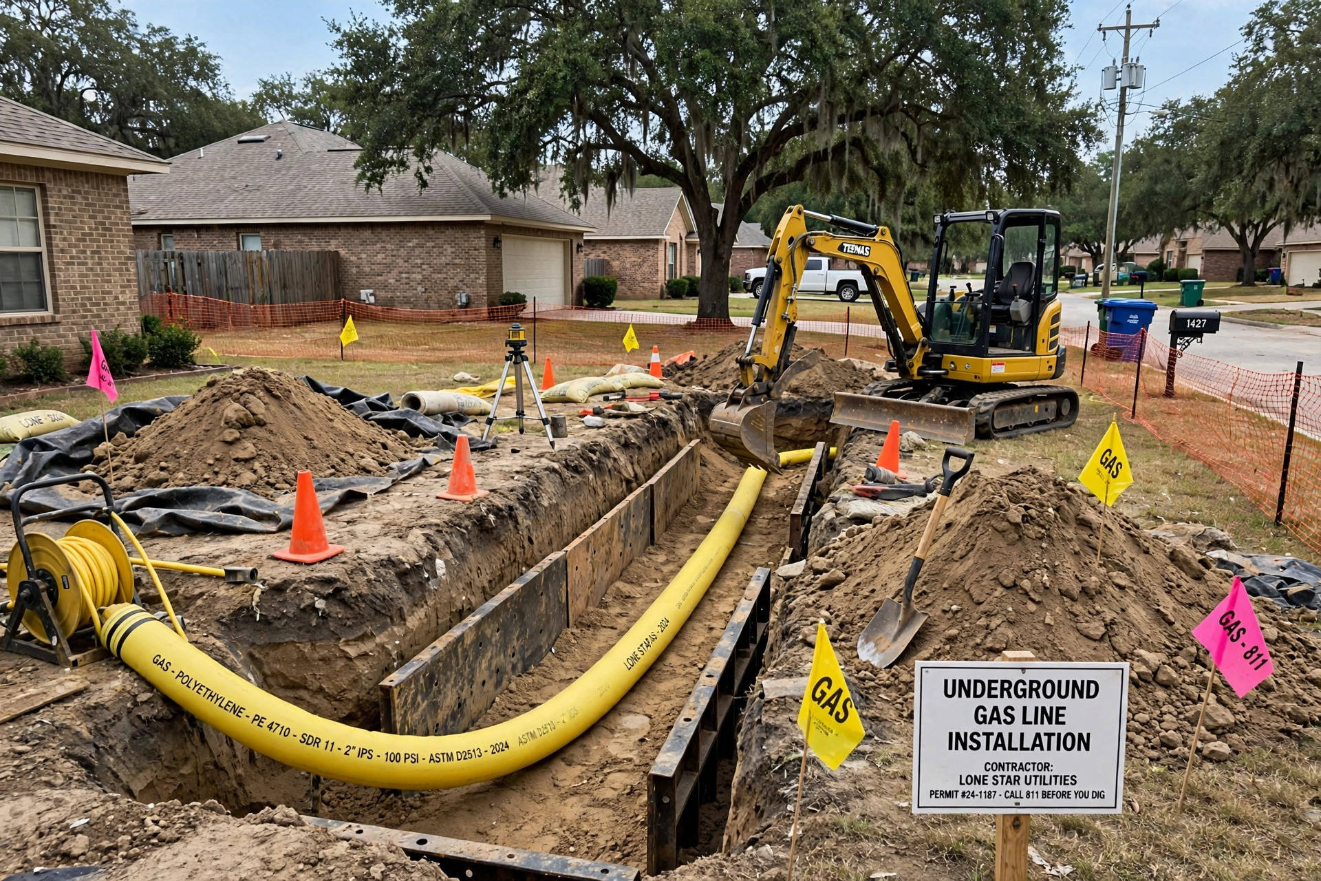 Underground Gas Line Installation in Leander: crew trenching through rocky Hill Country soil to lay a new buried polyethylene gas service line