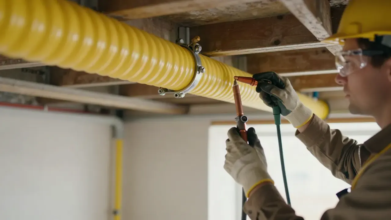 Newly installed yellow CSST gas line run inside a Leander, TX home during a whole-house gas line replacement